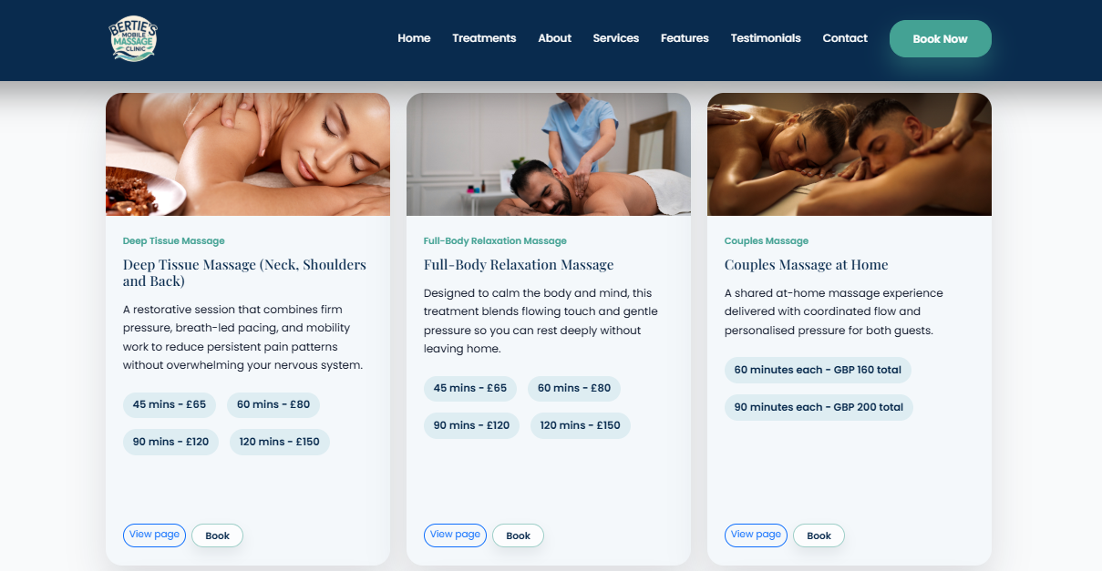 Bertie's Mobile Massage Clinic website preview