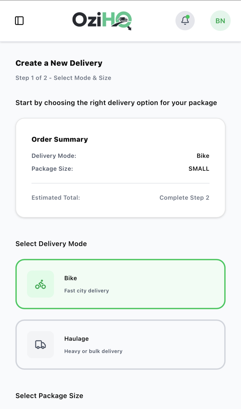 OziHQ mobile delivery setup screen