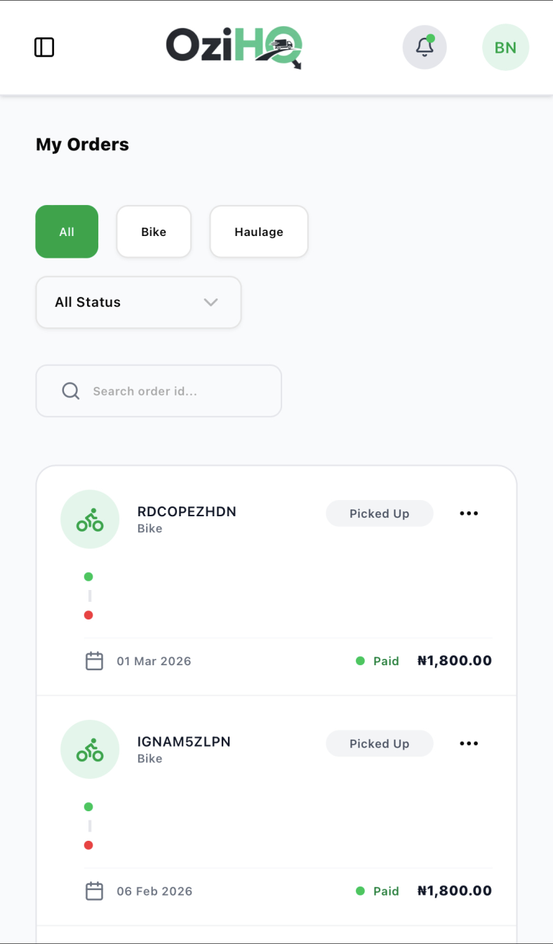 OziHQ mobile orders screen