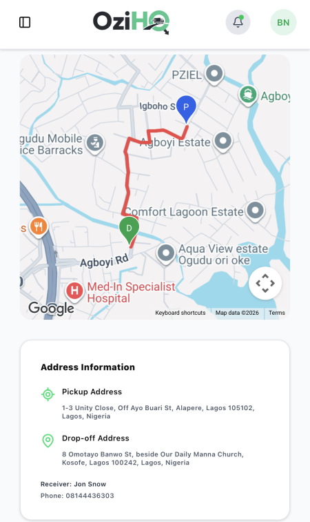 OziHQ mobile live route and address information screen